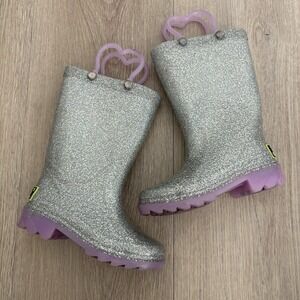 Western Chief Toddler Girls Light Up Rain Boots Size 6 Silver Glitter Waterproof